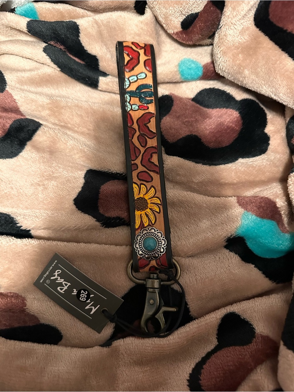 Myra Bag Floral Leather Key Fob Wristlet - Brown/Turquoise